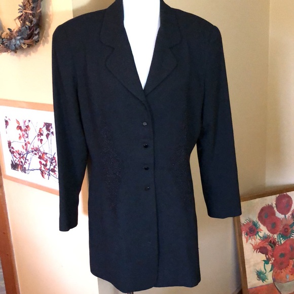 Vintage TAHARI Size 12 Intricate Beaded Scroll Front Long Blazer Laine Wool USA - Picture 8 of 16